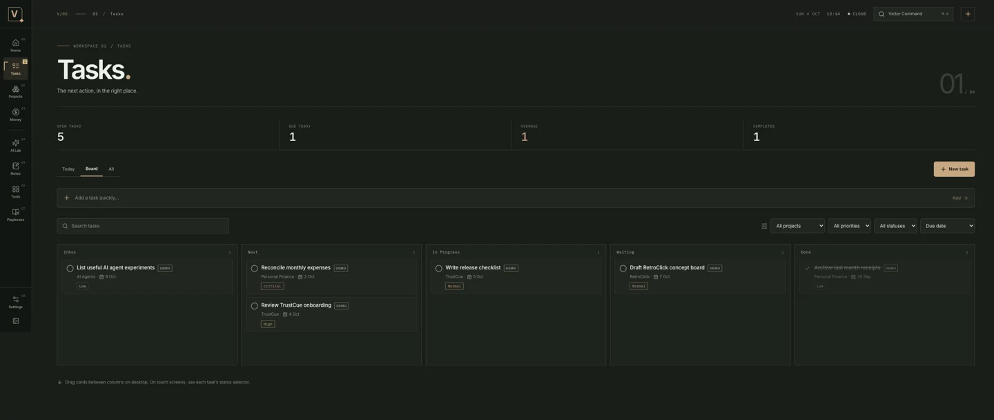 Victor OS task board in a demo workspace